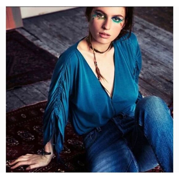 Free People Salt N Peppa Strappy Ruched Sleeve Modal Blend Jade Green Blue Top M - Picture 2 of 11
